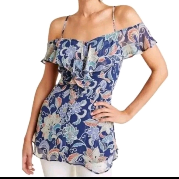 Maeve Anthropologie Floral Blouse Women Sz 8 Mariposa Cold Shoulder Asymmetrical - Picture 1 of 16